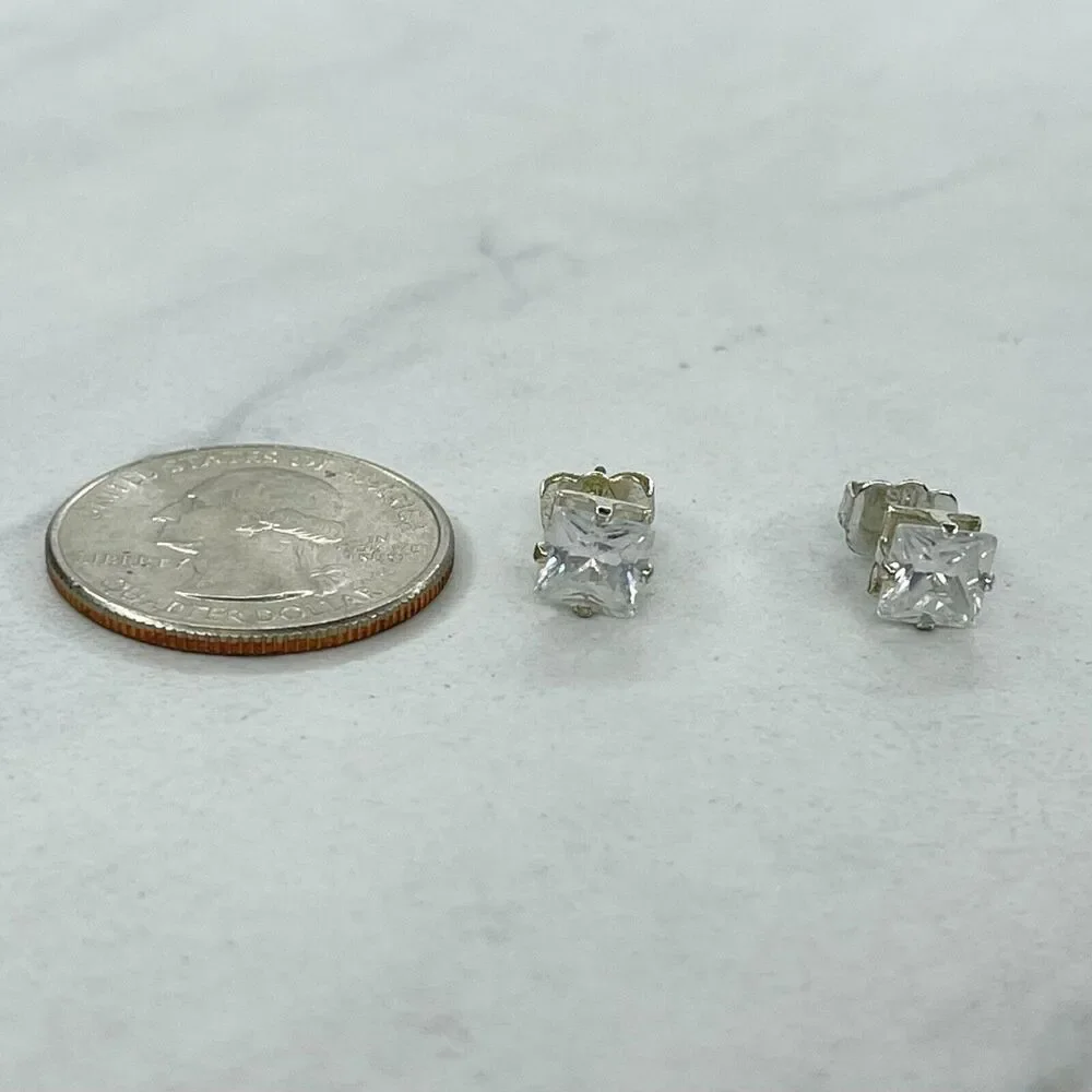 SHA Signed Silver Tone Clear Square Rhinestone Earrings Pierced Pair